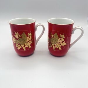 Set of 2, Vintage Otagiri Japan Red Partridge in Pear Tree Christmas Coffee Mugs